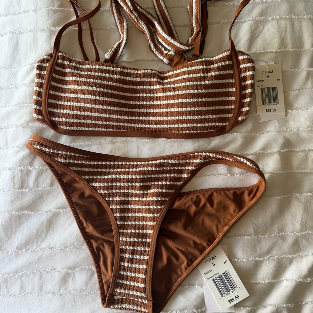 L*Space Brown and White Striped Bikini Set
